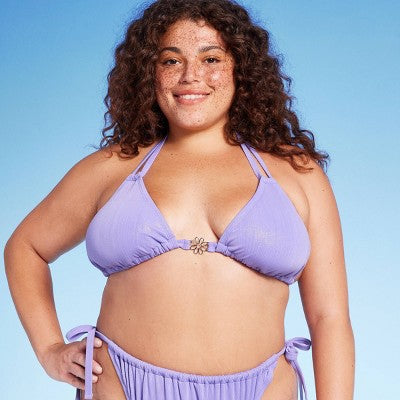 Women's Flower Charm Lurex Plisse Textured Triangle Bikini Top - Wild Fable™ Purple