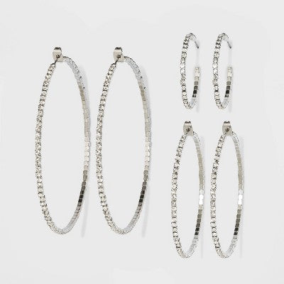Trio Imitation Rhodium With Glass Crystal Rhinestone Hoop Stud Earring Set 3pc - Wild Fable™ White Crystal: Sparkly Hoops, Nickel-Free Metal