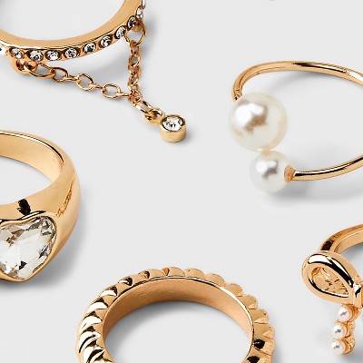 Simulated Pearl And Bow Charm Ring Set 8pc - Wild Fable™ 7-9