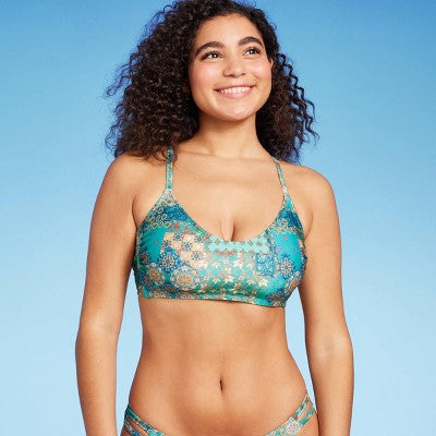 Women's Scoop Front Bralette Bikini Top - Wild Fable™ Blue Patchwork Print