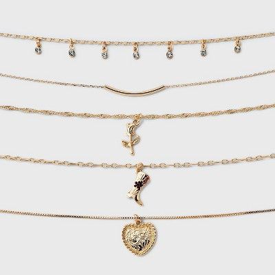 Mixed Rose And Heart Choker Necklace Set 5pc - Wild Fable™ Gold