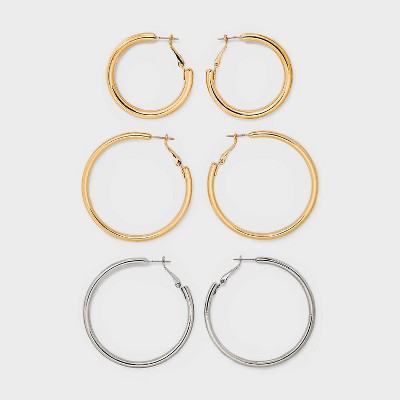 Smooth Tubular Mixed Hoop Earring Set 3pc - Wild Fable™ Gold/Silver: Nickel-Free, Hinge Closure