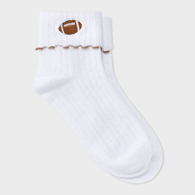  Women's Game Day Embroidered Football Pointelle Bobby Socks With Lettuce Edge Cuff - Wild Fable™