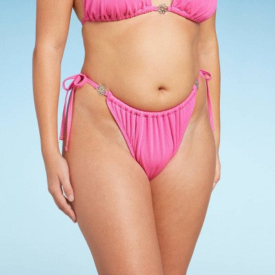  Women's Side-Tie Adjustable Extra High Leg Lurex Plisse Textured Bikini Bottom - Wild Fable™