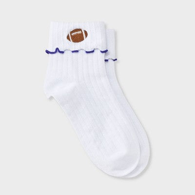  Women's Game Day Embroidered Football Pointelle Bobby Socks With Lettuce Edge Cuff - Wild Fable™