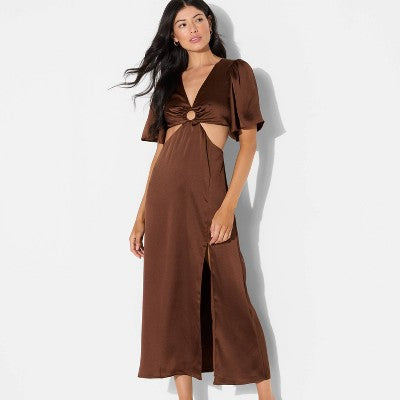  Women's Flutter Sleeve Satin Cap Maxi Bodycon Dress - Wild Fable™ Dark Brown