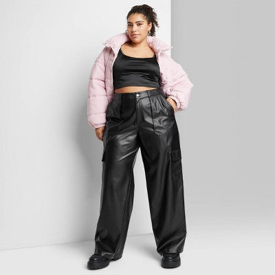  Women's High-Rise Straight Leg Faux Leather Cargo Pants - Wild Fable™