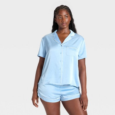  Women's Satin Short Sleeve Notch Collar Shirt And Shorts Pajama Set - Wild Fable™