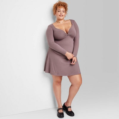  Women's Long Sleeve Twist-Front Mini Knit Skater Dress - Wild Fable™