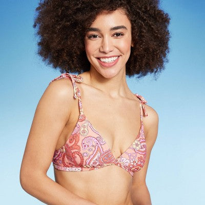  Women's Shoulder Tie Bralette Bikini Top - Wild Fable™ Peach Paisley Print