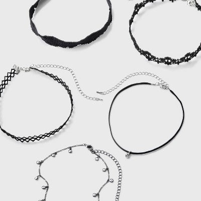  Lace Chain & Bead Choker Set 5pc - Wild Fable™ Black: Lobster Claw Clasp, Brass Material, 12" Length