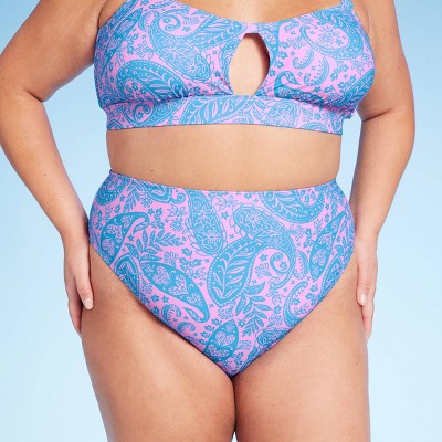  Women's Paisley Print High Waist Medium Coverage High Leg Bikini Bottom - Wild Fable™ Blue/Pink