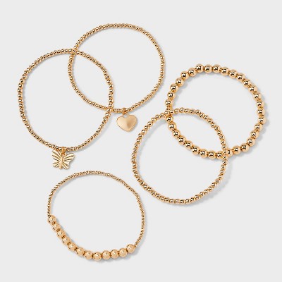  Butterfly And Heart Charm Stretch Bracelet Set 5pc - Wild Fable™ Gold