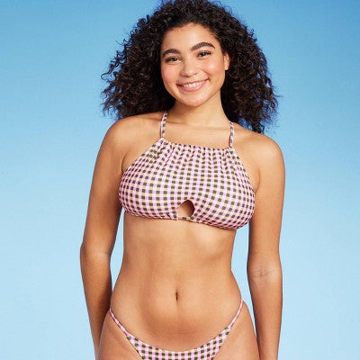  Women's Cut Out High Neck Bikini Top - Wild Fable™ Multi Check Print
