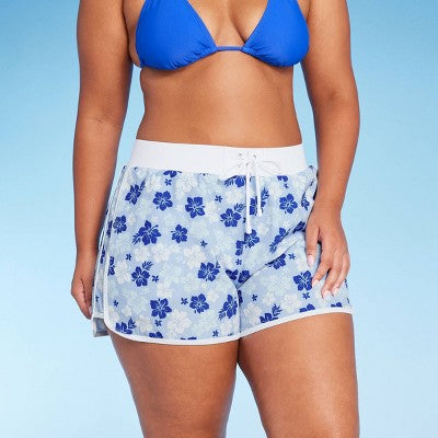  Women's 4" Inseam High Waist Lace-Up Board Shorts - Wild Fable™ Blue Floral Print