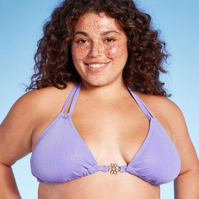  Women's Flower Charm Lurex Plisse Textured Triangle Bikini Top - Wild Fable™ Purple