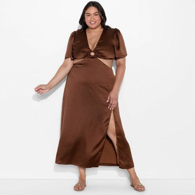  Women's Flutter Sleeve Satin Cap Maxi Bodycon Dress - Wild Fable™ Dark Brown
