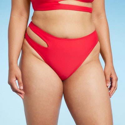  Women's Side Cut Out Mid-Rise High Leg Cheeky Bikini Bottom - Wild Fable™ Red