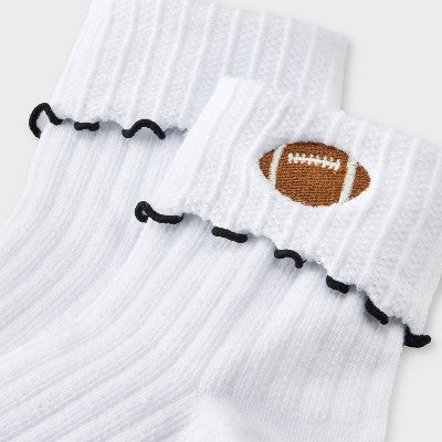  Women's Game Day Embroidered Football Pointelle Bobby Socks With Lettuce Edge Cuff - Wild Fable™