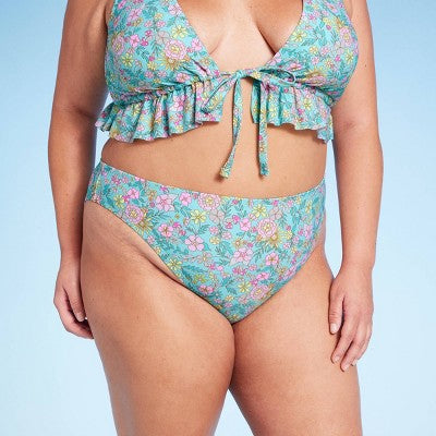  Women's Mid-Rise Cheeky High Leg Bikini Bottom - Wild Fable™ Green Floral Print