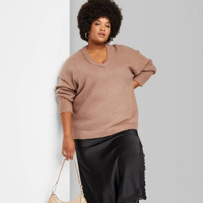  Women's V-Neck Fuzzy Oversized Pullover Sweater - Wild Fable™