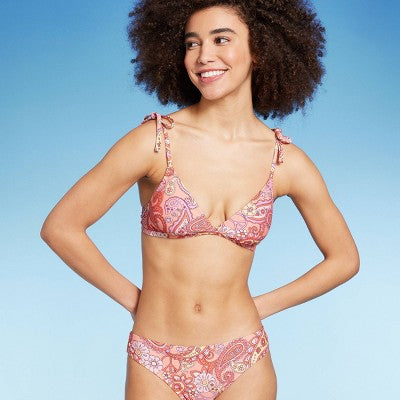  Women's Shoulder Tie Bralette Bikini Top - Wild Fable™ Peach Paisley Print