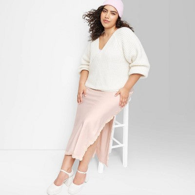  Women's Satin Lace Trim Midi Skirt - Wild Fable™