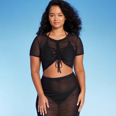  Women's Mesh Drawstring Ruched Cover Up Top - Wild Fable™