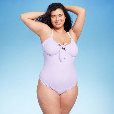  Women's Shirred Detail Underwire High Leg Extra Cheeky One Piece Swimsuit - Wild Fable™ Lilac Purple