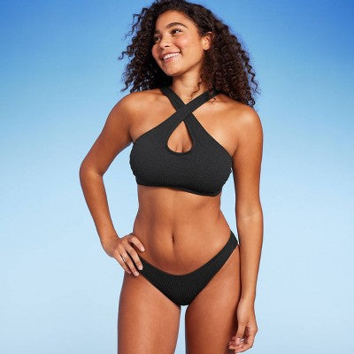  Women's Cross Front Pucker Textured Halter Bikini Top - Wild Fable™