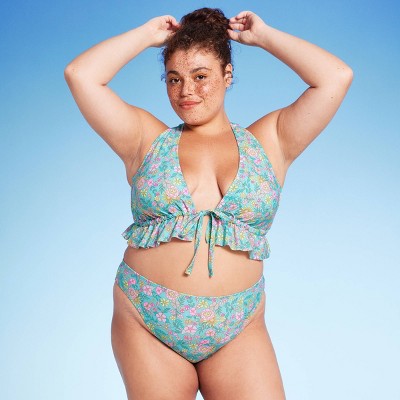  Women's Mid-Rise Cheeky High Leg Bikini Bottom - Wild Fable™ Green Floral Print