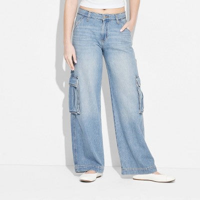  Women's Mid-Rise Wide Leg Cargo Baggy Jeans - Wild Fable™