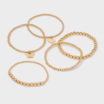  Butterfly And Heart Charm Stretch Bracelet Set 5pc - Wild Fable™ Gold