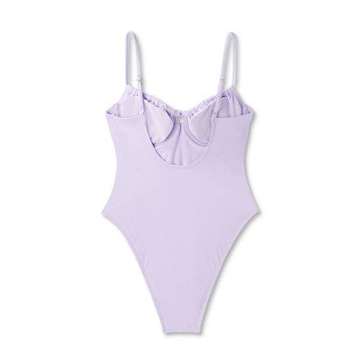  Women's Shirred Detail Underwire High Leg Extra Cheeky One Piece Swimsuit - Wild Fable™ Lilac Purple