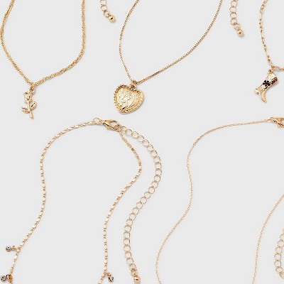  Mixed Rose And Heart Choker Necklace Set 5pc - Wild Fable™ Gold