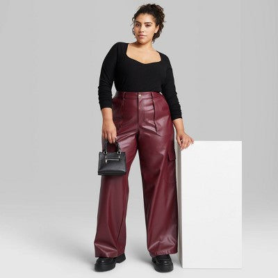  Women's High-Rise Straight Leg Faux Leather Cargo Pants - Wild Fable™