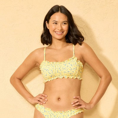  Women's Ruffle Edge Shirred Bralette Bikini Top - Wild Fable™ Yellow/Blue Floral