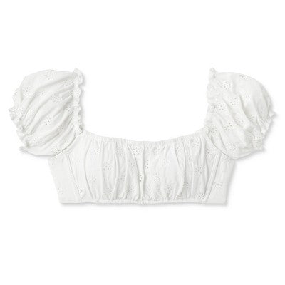  Women's Puff Sleeve Eyelette Bralette Bikini Top - Wild Fable™ White