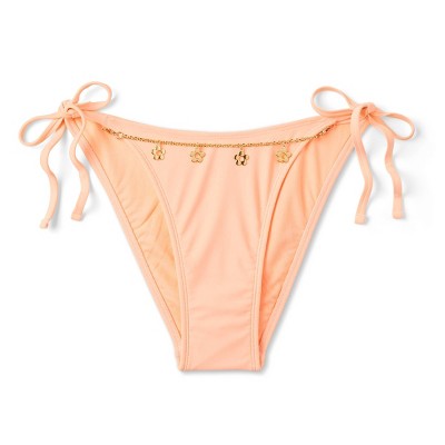  Women's Flower Chain Detail Side-Tie Scoop Cheeky High Leg Bikini Bottom - Wild Fable™ Peach