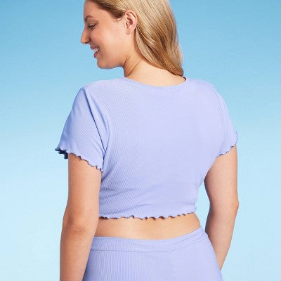  Women's Ruffle Detail Ribbed Short Sleeve Cropped Rashguard - Wild Fable™ Purple
