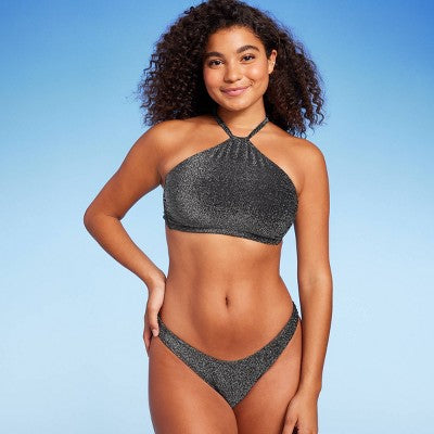  Women's High Next Halter Bralette Bikini Top - Wild Fable™ Black Lurex