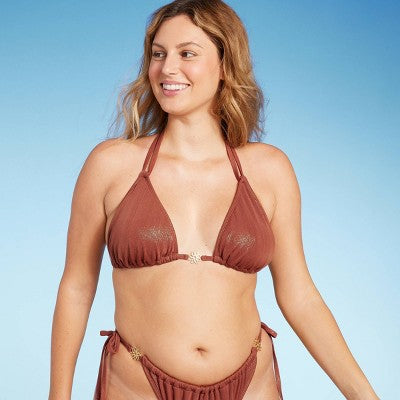  Women's Flower Charm Lurex Plisse Textured Triangle Bikini Top - Wild Fable™
