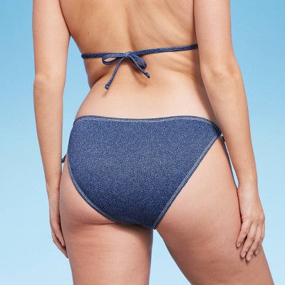  Women's Denim Textured Scoop Front High Leg Cheeky Bikini Bottom - Wild Fable™ Denim Blue