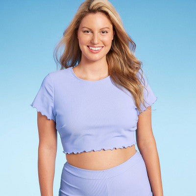  Women's Ruffle Detail Ribbed Short Sleeve Cropped Rashguard - Wild Fable™ Purple