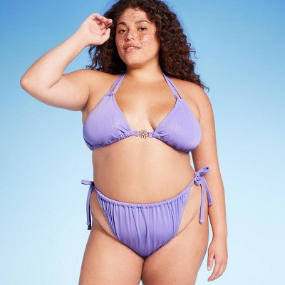  Women's Side-Tie Extra Cheeky High Leg Lurex Plisse Textured Bikini Bottom - Wild Fable™ Purple