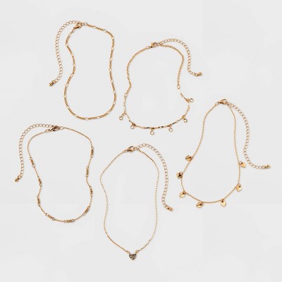  Embellished Heart Chain Choker Necklace Set 5pc - Wild Fable™ Gold