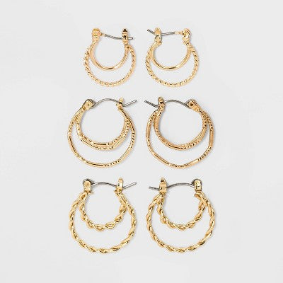  Click Top Faux Duo Hoop Earring Set 3pc - Wild Fable™