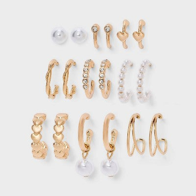  Heart And Pearl Earring Set 9pc - Wild Fable™ Gold