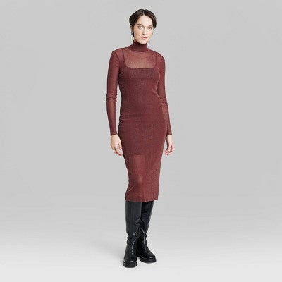  Women's Long Sleeve Lurex Mesh Midi Dress - Wild Fable™ Burgundy