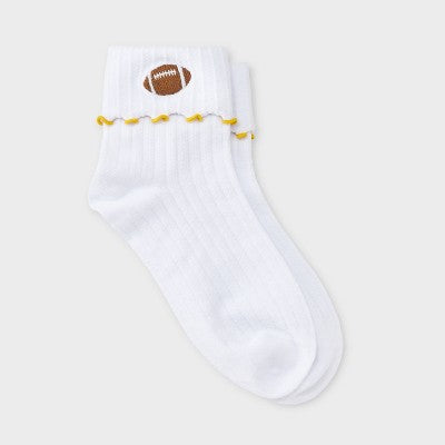  Women's Game Day Embroidered Football Pointelle Bobby Socks With Lettuce Edge Cuff - Wild Fable™